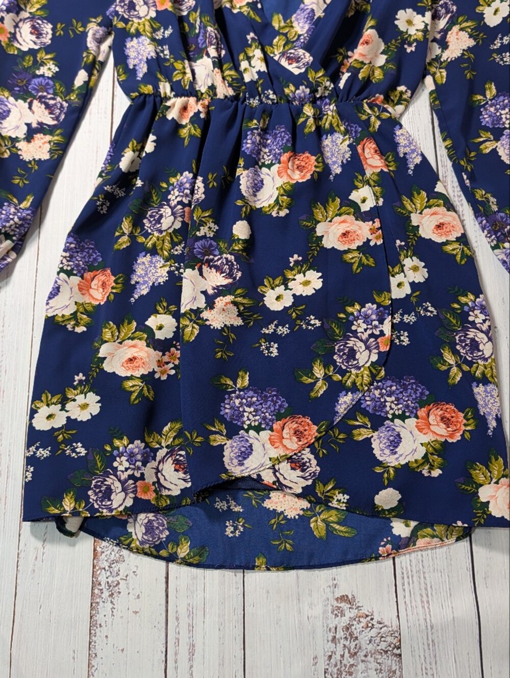 Lulus Navy Blue Floral Long Sleeve Faux Wrap Tulip Hem Mini Dress M - Picture 4 of 12